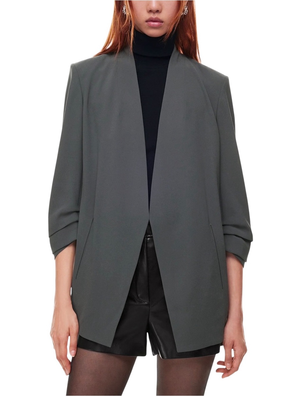 Aritzia Babaton Power Blazer Kinetic Grey Mirror Crepe Hip Length Sz 8